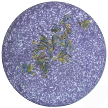 Load image into Gallery viewer, plastic free vegan hypnotic lavender solid shampoo bar with lavender petals on the bar