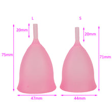 Load image into Gallery viewer, 2 x pink menstrual cups upside down, one small and one large side by side with measurements