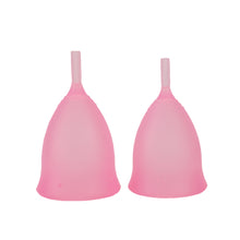Load image into Gallery viewer, 2 x pink menstrual cups upside down, one small and one large side by side