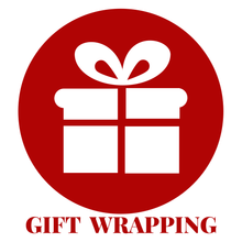 Load image into Gallery viewer, red circle with white present shape in the centre. The words gift wrapping written underneath
