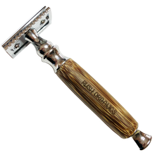 Load image into Gallery viewer, plastic free, eco friendly, bamboo safety razor with Rush Organics on the handle.