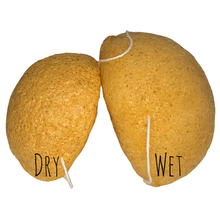 Load image into Gallery viewer, 2 x yellow konjac sponges, 1 wet and 1 dry to show the difference