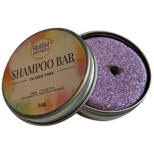 Load image into Gallery viewer, purple blueberry solid shampoo bar with a blueberry in the bar. the bar is in a aluminium shampoo bar tin