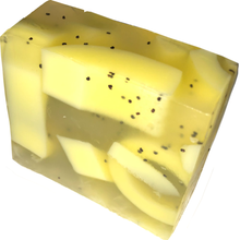 Load image into Gallery viewer, yellow citrus twist organic vegan soap bar with poppy seeds