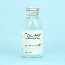 Load image into Gallery viewer, flawless vegan micellar water - aloe and lavender - clear liquid in a glass bottle with aluminium screw top lid on blue background
