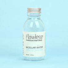 Load image into Gallery viewer, flawless vegan micellar water - aloe and lavender - clear liquid in a glass bottle with aluminium screw top lid on blue background