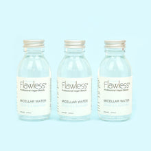 Load image into Gallery viewer, 3 x flawless vegan micellar water - aloe and lavender - clear liquid in a glass bottle with aluminium screw top lid on blue background