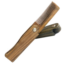 Load image into Gallery viewer, green sandalwood folding beard travel comb. one opened up to show the comb and the other completely closed.
