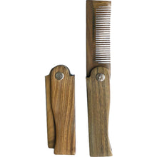 Load image into Gallery viewer, green sandalwood folding beard travel comb. one opened up to show the comb and the other completely closed.
