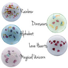 Load image into Gallery viewer, 2 columns of kids fun bath bombs 5 in total, rainbow, alphabet, magical unicorn, dinosaurs and love hearts
