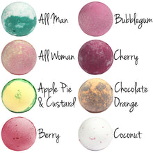 Load image into Gallery viewer, 2 columns of 4 jumbo bath bombs in alphabetical order; all man, all woman, apple pie and custard, berry, bubblegum, cherry, chocolate orange, coconut
