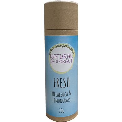 FRESH plastic free natural deodorant push-up cardboard tube stick. Melaleuca tea tree and lemongrass.