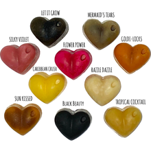 Load image into Gallery viewer, 10 mini vegan conditioner bar heart shaped samples. labelled with what each bar in. suitable for all hair types. 10 different bars to choose from.