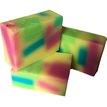 Load image into Gallery viewer, 3 x summer fruits organic soap bars - yellow, pink, green and blue colours
