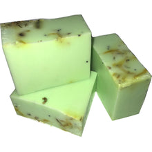 Load image into Gallery viewer, 3 x green tea tree and lemon organic vegan soap bars with tea leaves

