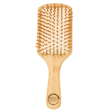 Load image into Gallery viewer, bamboo square paddle hair brush with natural rubber. rush organics logo at the bottom on the handle.
