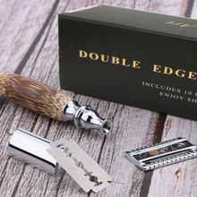 Load image into Gallery viewer, Bamboo double edge safety razor box with dismantled safety razor and safety blade
