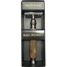 Load image into Gallery viewer, plastic free eco friendly bamboo safety razor in black box. Box has the extra razor blades in the top and Rush Organics in the middle.