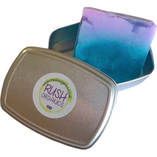 Load image into Gallery viewer, plastic free aluminium soap tin opened with baby powder soap inside.
