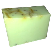 Load image into Gallery viewer, single standing green tea tree and lemon organic vegan soap bar with tea leaves
