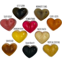 Load image into Gallery viewer, 10 x mini heart shaped conditioner bar samples with labels saying which on is which