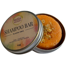 Load image into Gallery viewer, plastic free organic and vegan yellow orange Yasemin jasmine solid shampoo bar with jasmine flowers in centre of bar in shampoo bar tin]
