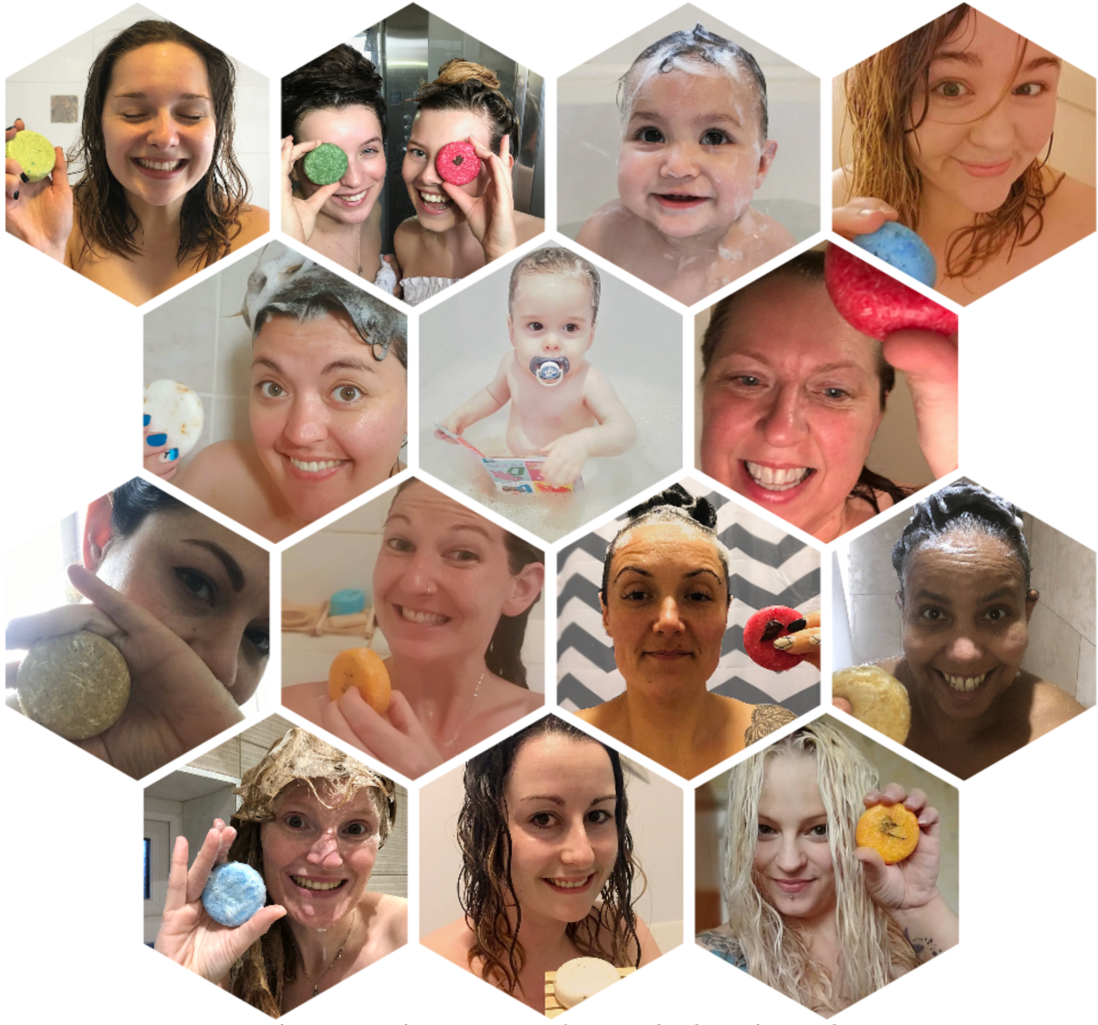 Honeycomb grid of happy women with wet hair, holding shampoo bars. Happy customers. Baby in bath with bubbles. 