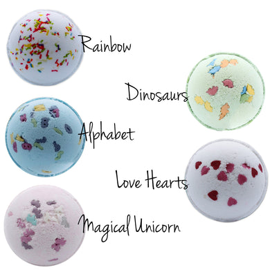 2 columns of kids fun bath bombs 5 in total, rainbow, alphabet, magical unicorn, dinosaurs and love hearts