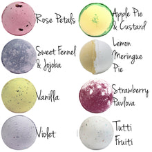 Load image into Gallery viewer, 2 columns of 4 jumbo bath bombs in alphabetical order; rose petals, sweet fennel and jojoba, vanilla, violet, apple pie and custard, lemon meringue pie, strawberry pavlova and tutti fruiti
