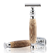 Load image into Gallery viewer, 2 x Plastic free, eco bamboo safety razors, one lying down, one standing on end.
