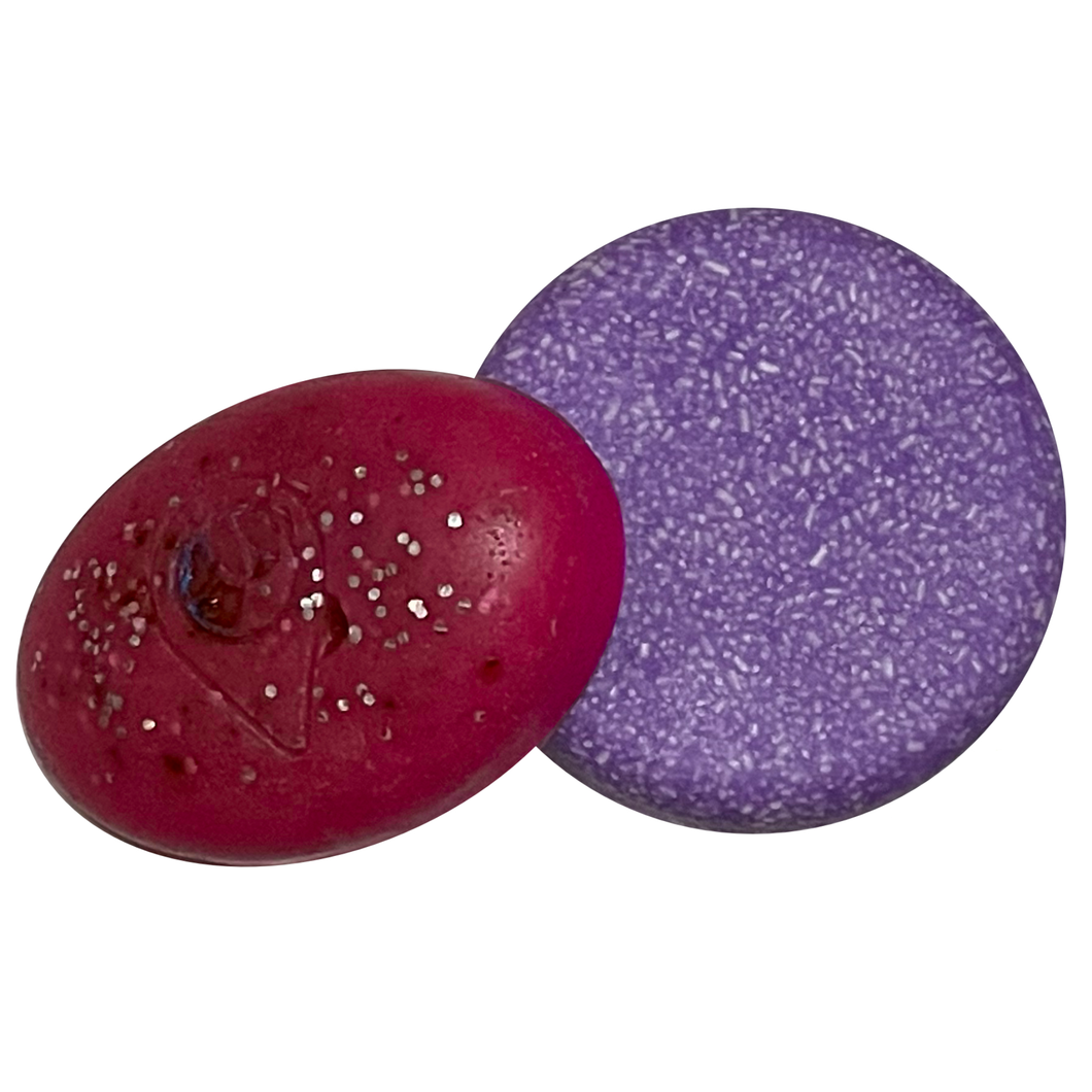 purple solid shampoo bar called blueberry splash and matching solid conditioner bar called silky violet. perfect for blonde and coloured hair.