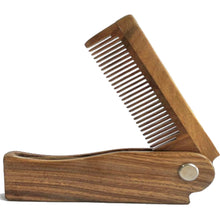 Load image into Gallery viewer, green sandalwood folding beard travel comb. opened up to show the comb.
