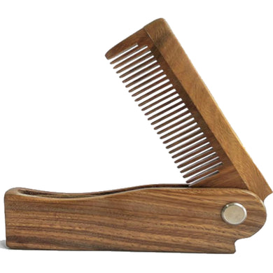 green sandalwood folding beard travel comb. opened up to show the comb.