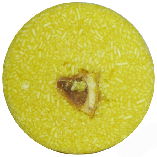 plastic free, vegan yellow lemon meringue solid shampoo bar with lemon slice in the middle.
