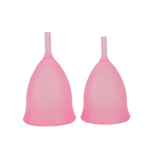 Load image into Gallery viewer, 2 x pink menstrual cups upside down, one small and one large side by side
