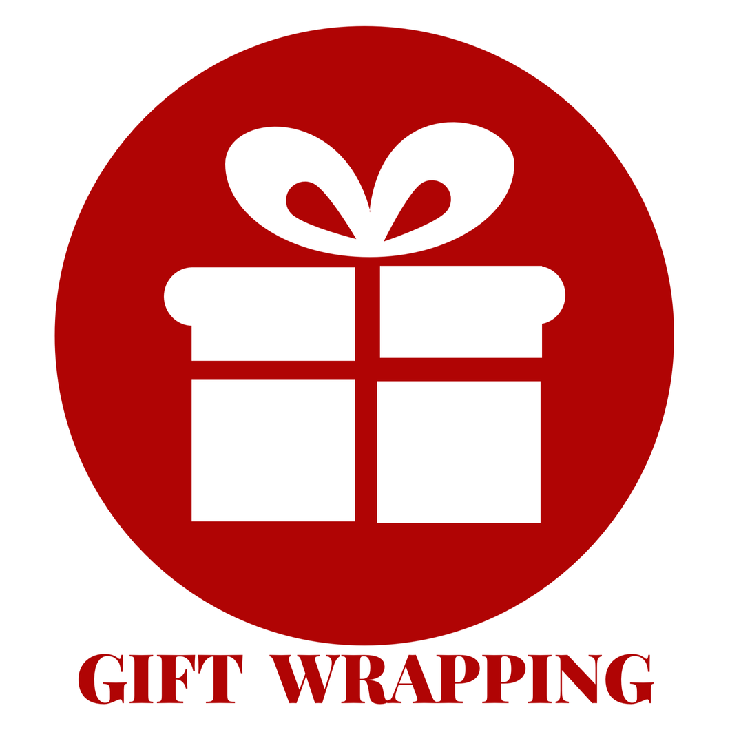 red circle with white present shape in the centre. The words gift wrapping written underneath