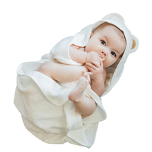 Load image into Gallery viewer, baby wrapped in bamboo hooded bath towel. hood has bear ears.

