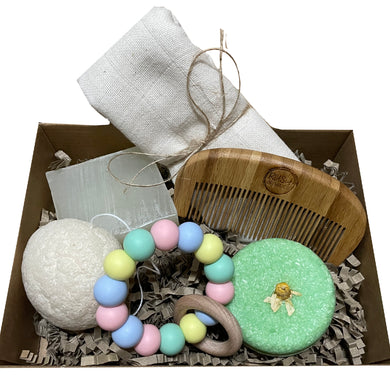 baby gift set, bundle with konjac sponge, sleepy baby soap bar, teething ring, baby friendly solid shampoo bar, bamboo baby comb, muslin face cloths