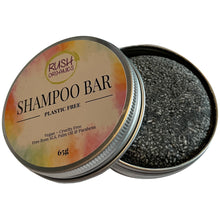 Load image into Gallery viewer, bamboo charcoal solid shampoo bar, vegan, organic and plastic free in an aluminium tin
