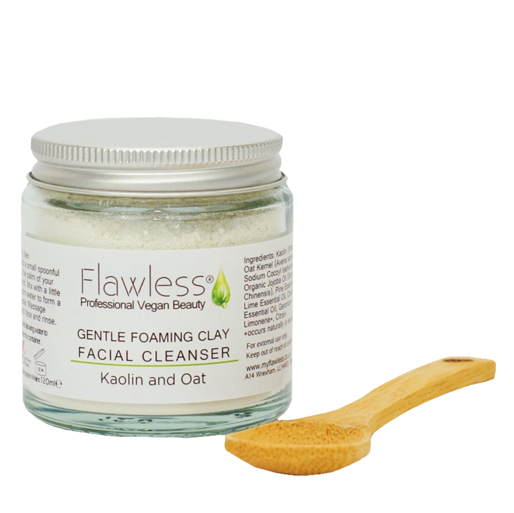 flawless professional vegan beauty gentle foaming clay facial cleanser, kaolin and oat in glass jar with aluminium lid and bamboo spoon.