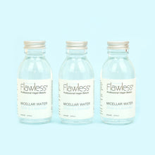 Load image into Gallery viewer, 3 x flawless vegan micellar water - aloe and lavender - clear liquid in a glass bottle with aluminium screw top lid on blue background
