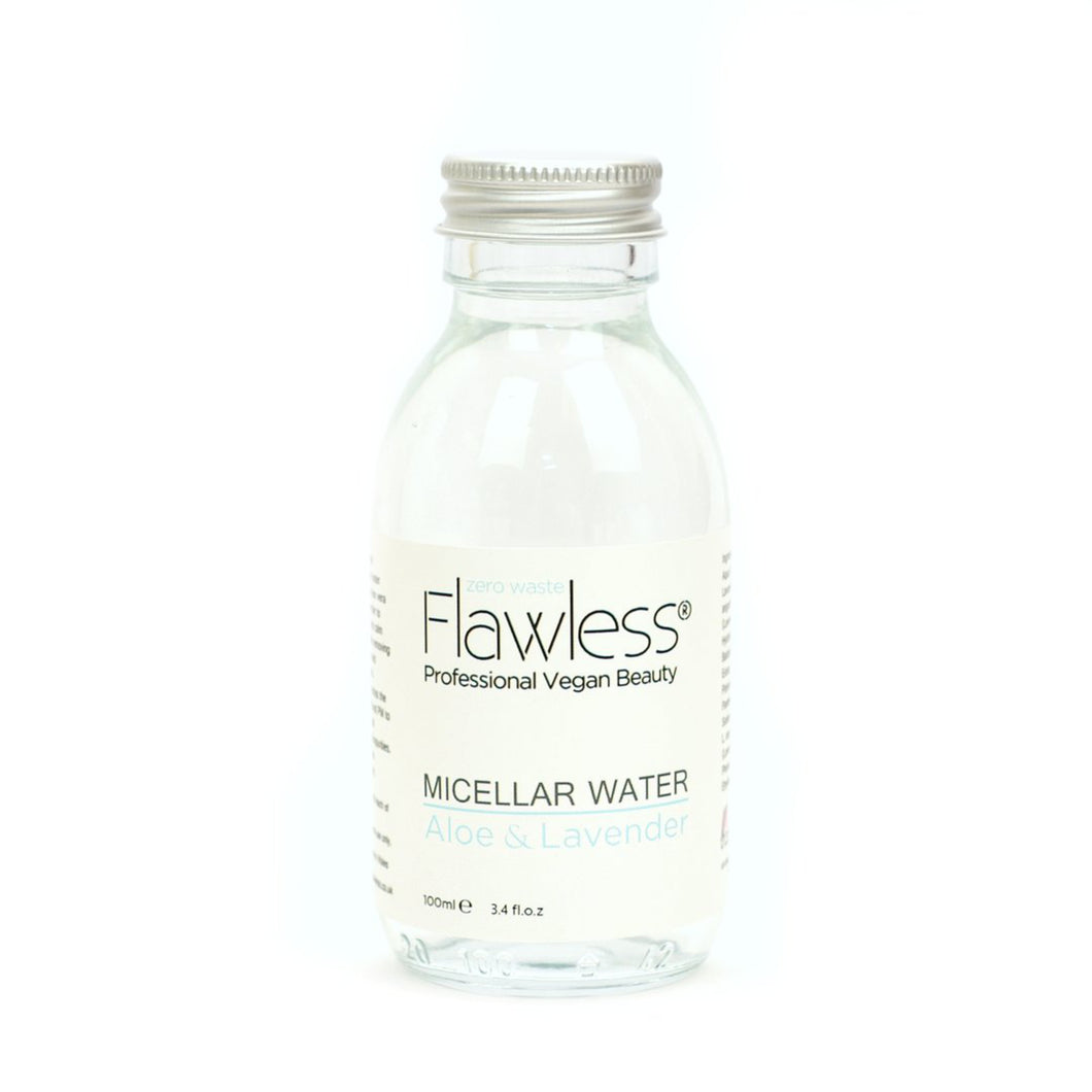 flawless vegan micellar water - aloe and lavender - clear liquid in a glass bottle with aluminium screw top lid