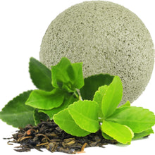 Load image into Gallery viewer, eco friendly and natural green tea konjac facial and body sponge with green tea leaves in front of sponge
