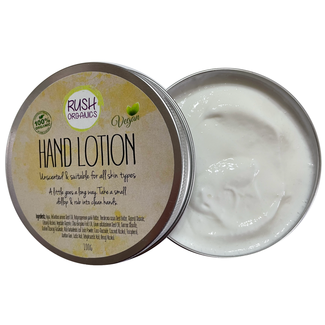 aluminium tin of white creamy, organic and vegan hand lotion unscented and suitable for all skin types.