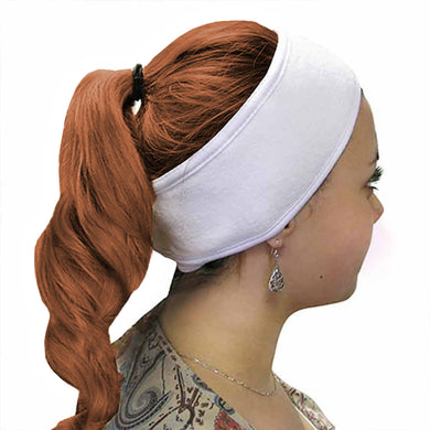 white bamboo cotton make up headband on female model with red hair