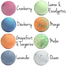 Load image into Gallery viewer, 2 columns of 4 jumbo bath bombs in alphabetical order;  cranberry, dewberry, grapefruit and tangerine, lavender, lemon and eucalyptus, mango, melon and ocean
