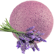 Load image into Gallery viewer, eco friendly and natural purple lavender konjac facial and body sponge with lavender flowers in front
