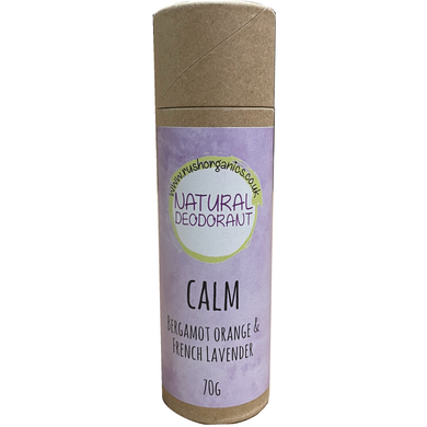 CALM natural deodorant push-up cardboard tube stick. Bergamot Orange & French Lavender