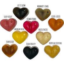 Load image into Gallery viewer, 10 mini vegan conditioner bar heart shaped samples. labelled with what each bar in. suitable for all hair types. 10 different bars to choose from. 
