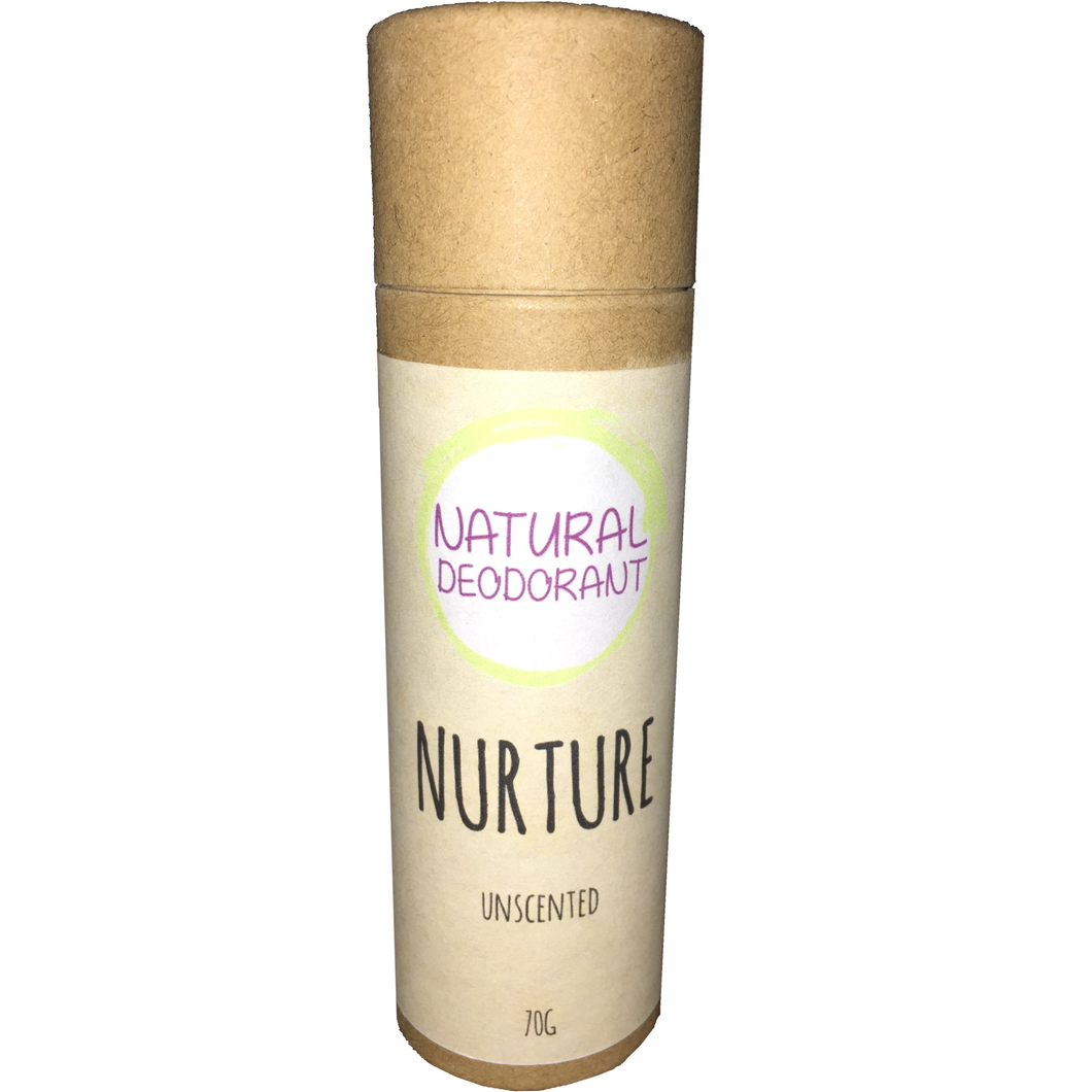 plastic free natural deodorant unscented nurture in a cardboard tube. push up stick.
